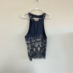 J.O.A sleeveless blue/white embroidered halter top